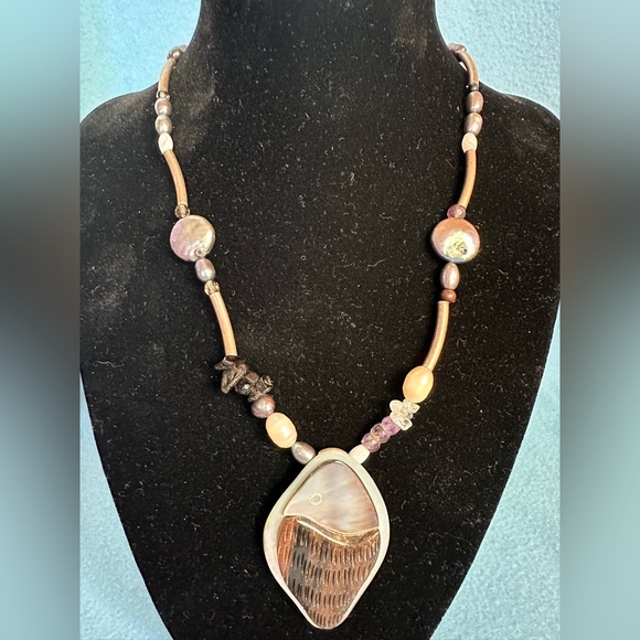 Unique NATURE BIJOUX Necklace: Pearls, Mother of Pearl, amethyst, agate, wood 🎣 - Picture 8 of 10